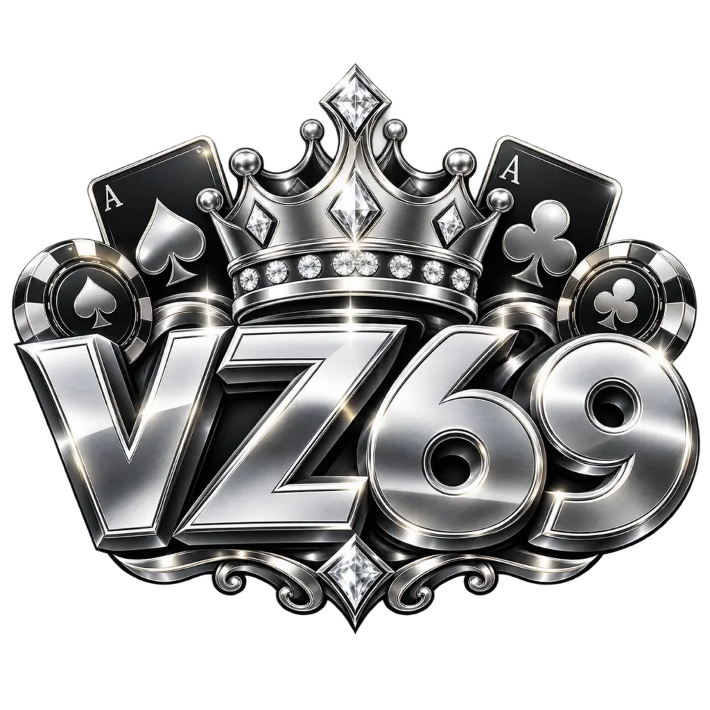 โลโก้ VZ69 คาสิโนออนไลน์ โทนสีเงินเมทัลลิก พร้อมมงกุฎเพชร ดีไซน์หรูหรา