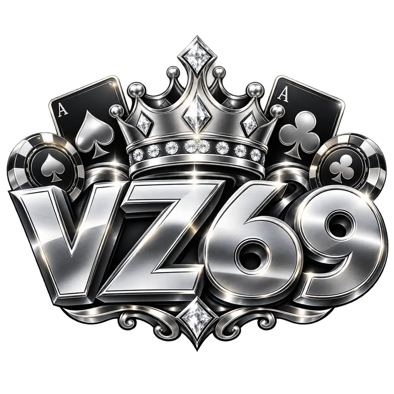 โลโก้ VZ69 คาสิโนออนไลน์ โทนสีเงินเมทัลลิก พร้อมมงกุฎเพชร ดีไซน์หรูหรา